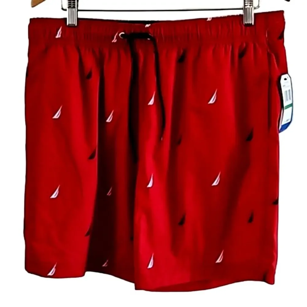 Nautica Men's Red Quick-Dry Swim Trunks Shorts - Size Large, Sailboat Print, NWT